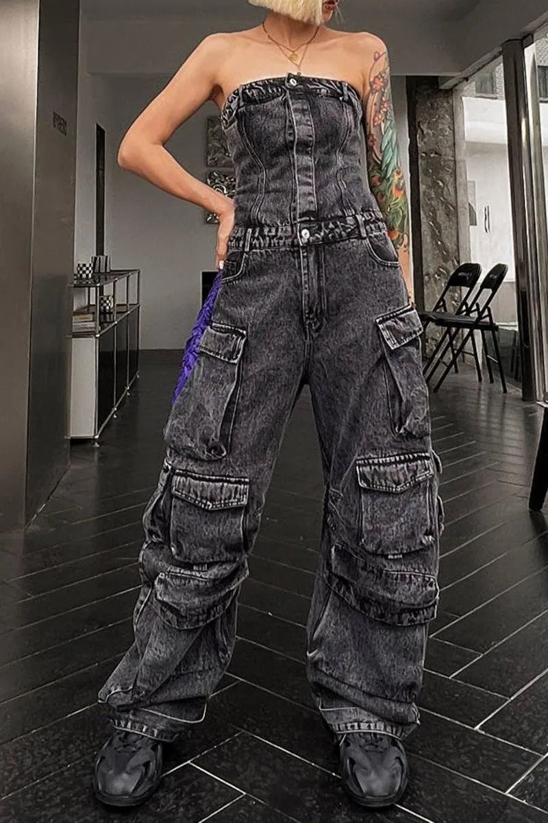 Top Waist Shaping Multi-Pocket Denim Jumpsuit