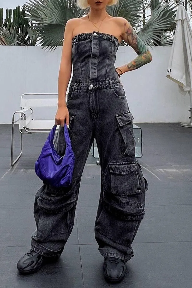 Top Waist Shaping Multi-Pocket Denim Jumpsuit