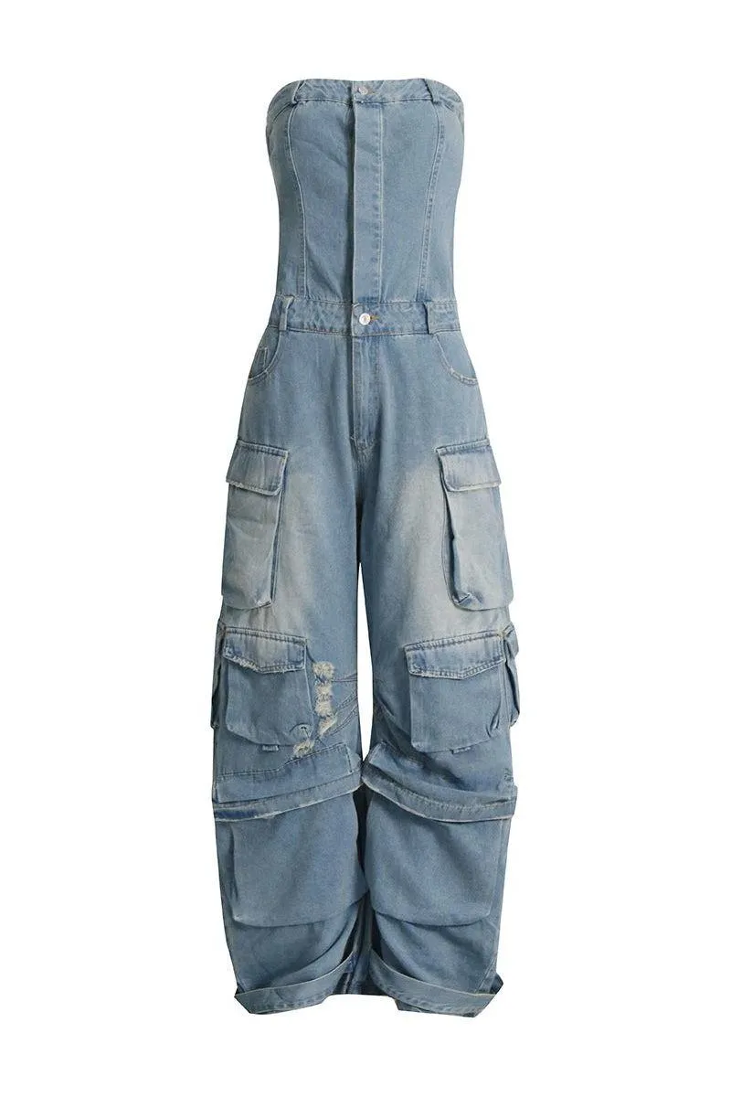 Top Waist Shaping Multi-Pocket Denim Jumpsuit