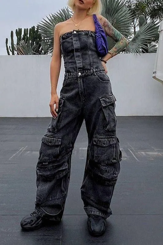 Top Waist Shaping Multi-Pocket Denim Jumpsuit