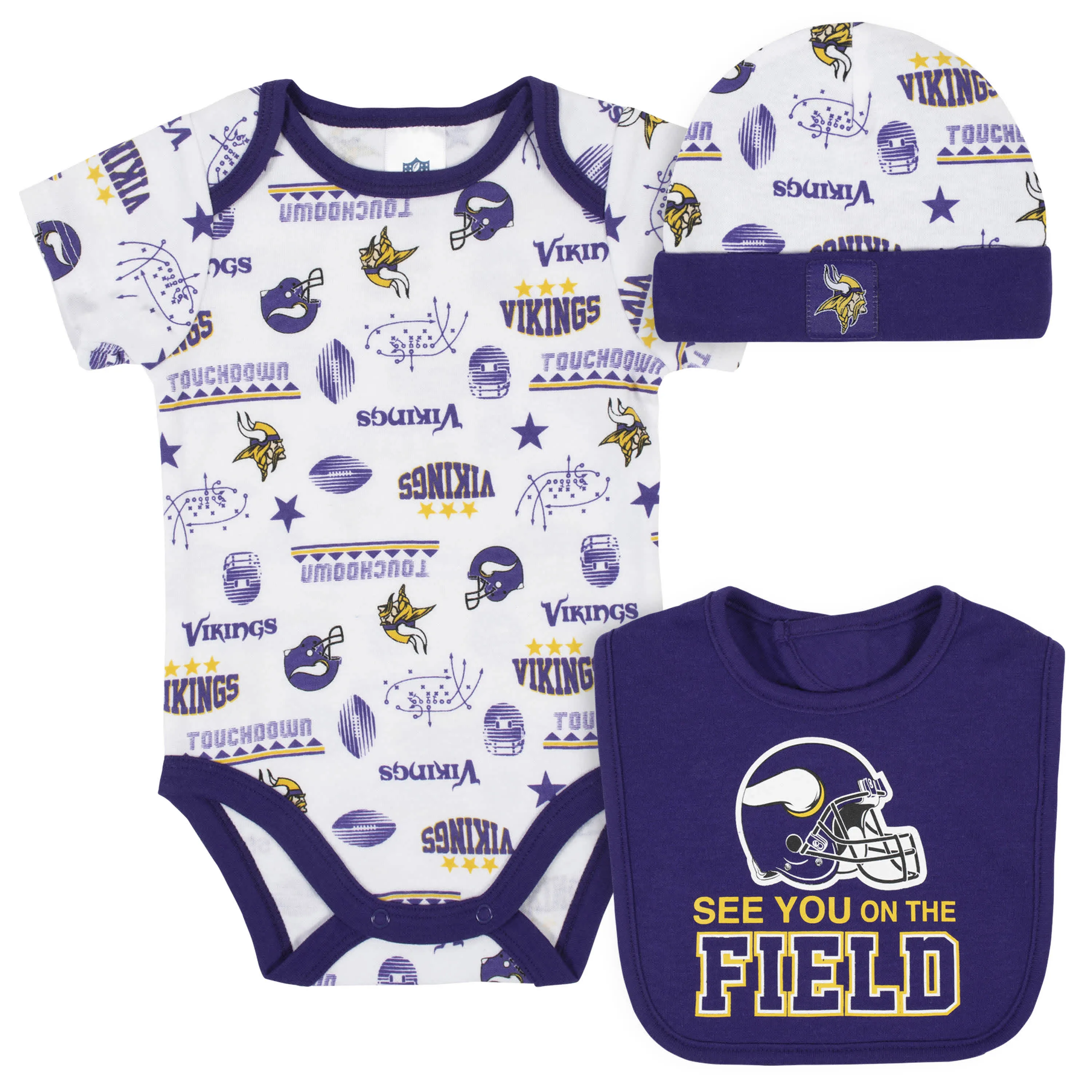 Vikings Baby Boys 3-Piece Bodysuit, Bib, and Cap Set