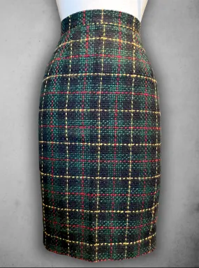 Vintage Green, Red, Yellow & Black Plaid Wool Pencil Skirt