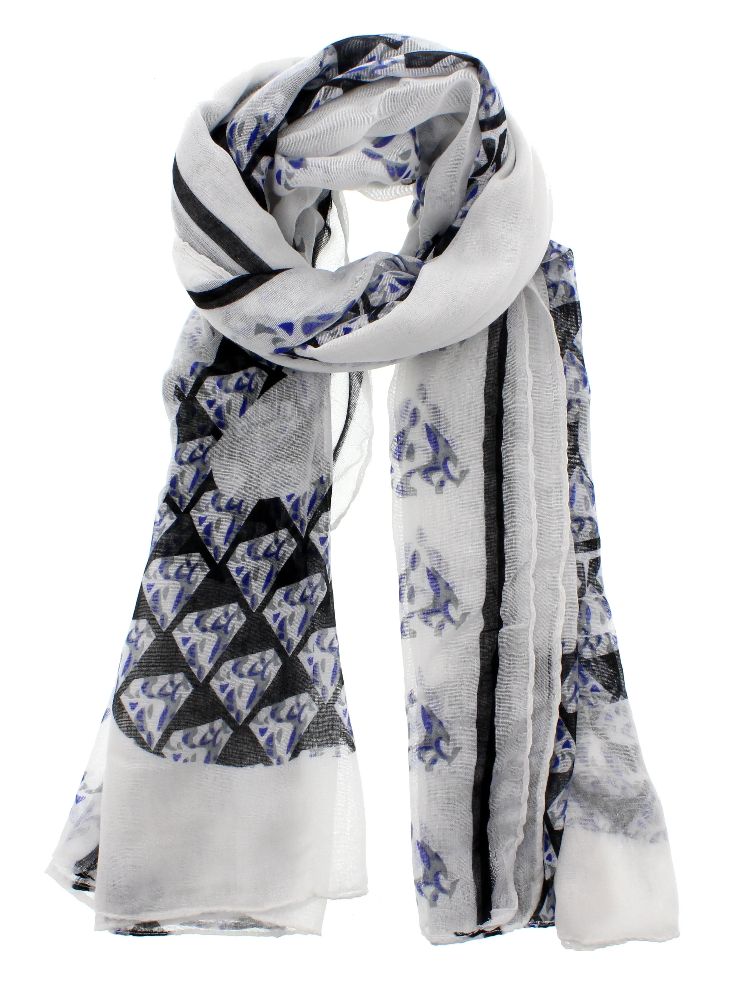 White Scarf with Very Large Diamond Print Black Skulls