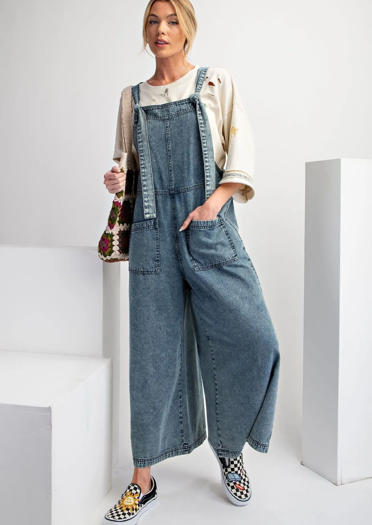 Wide Leg Stone Washed Denim Jumpsuit #040