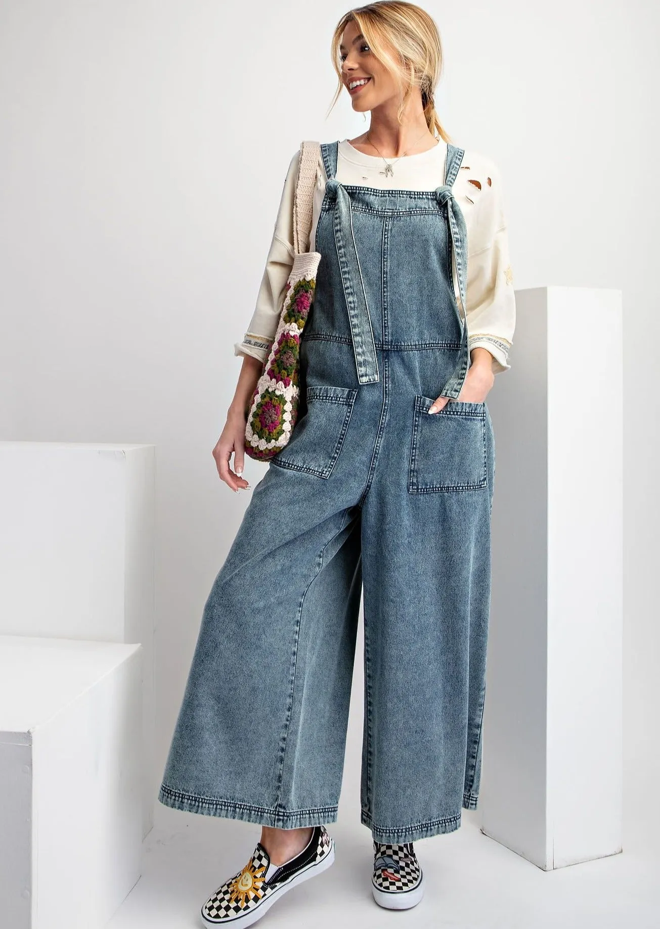 Wide Leg Stone Washed Denim Jumpsuit #040