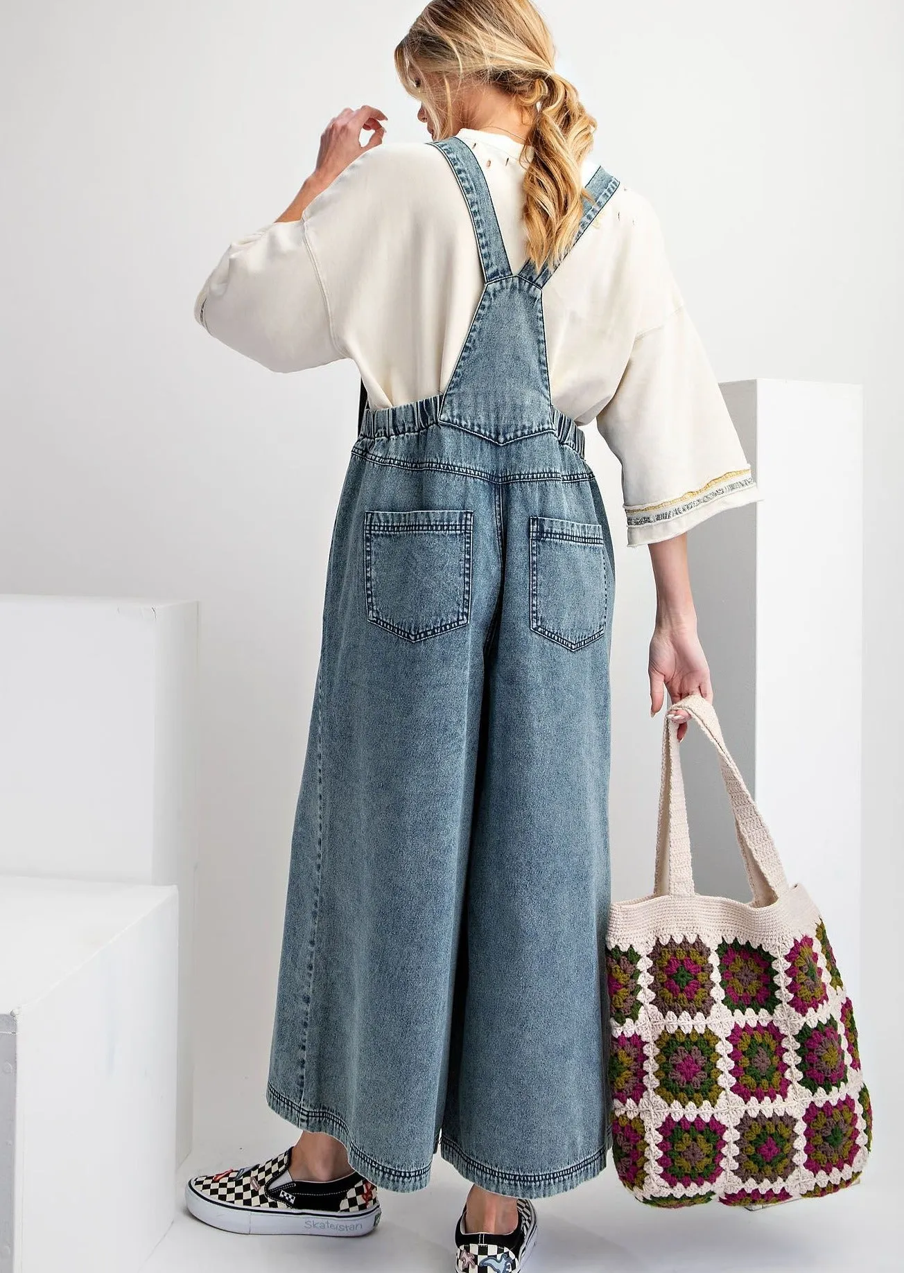 Wide Leg Stone Washed Denim Jumpsuit #040