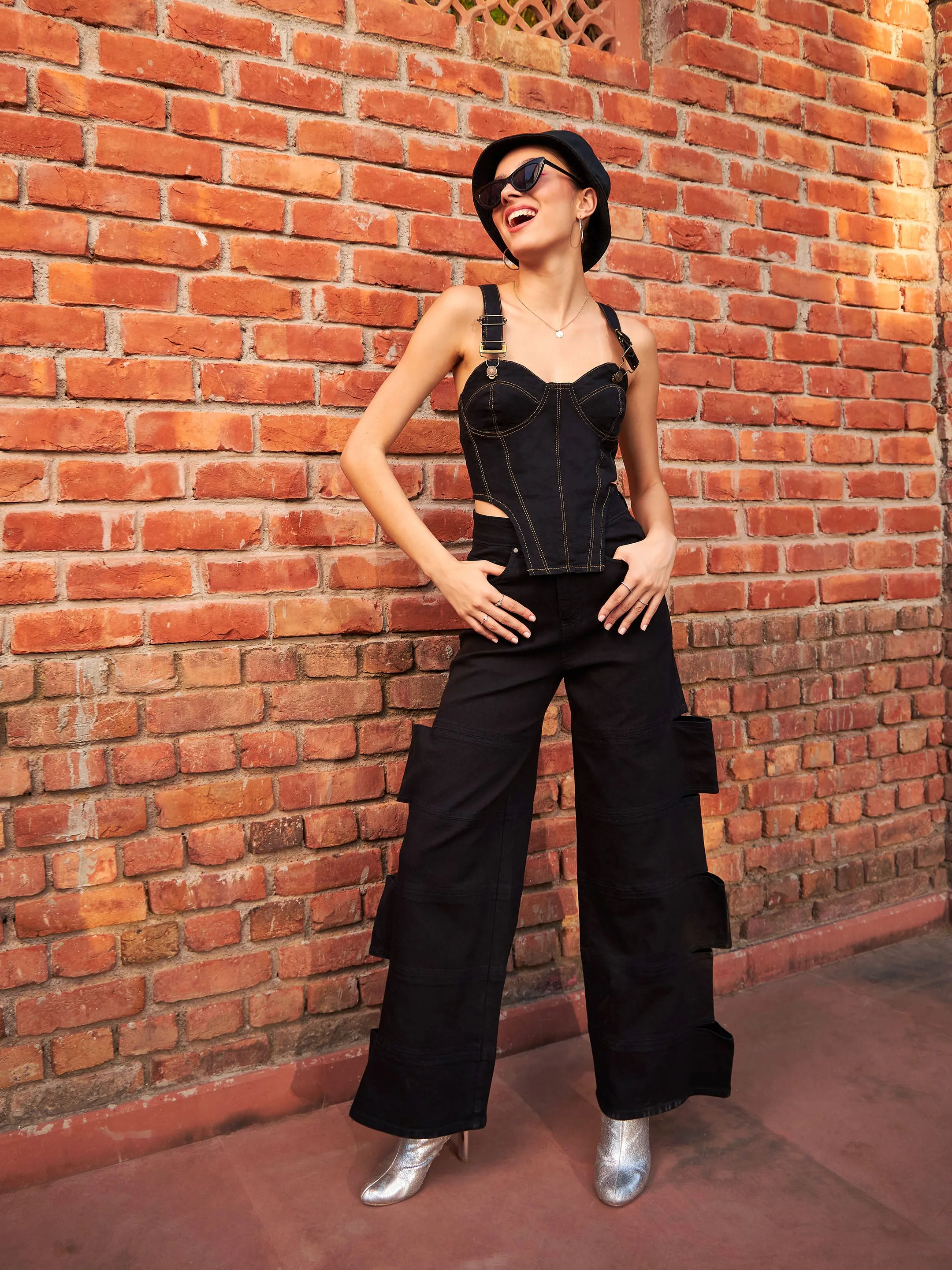 Women Black Denim Premium Cropped Bustier Top