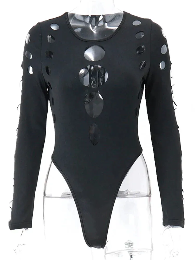 Women Hollow Out Black Bodysuits