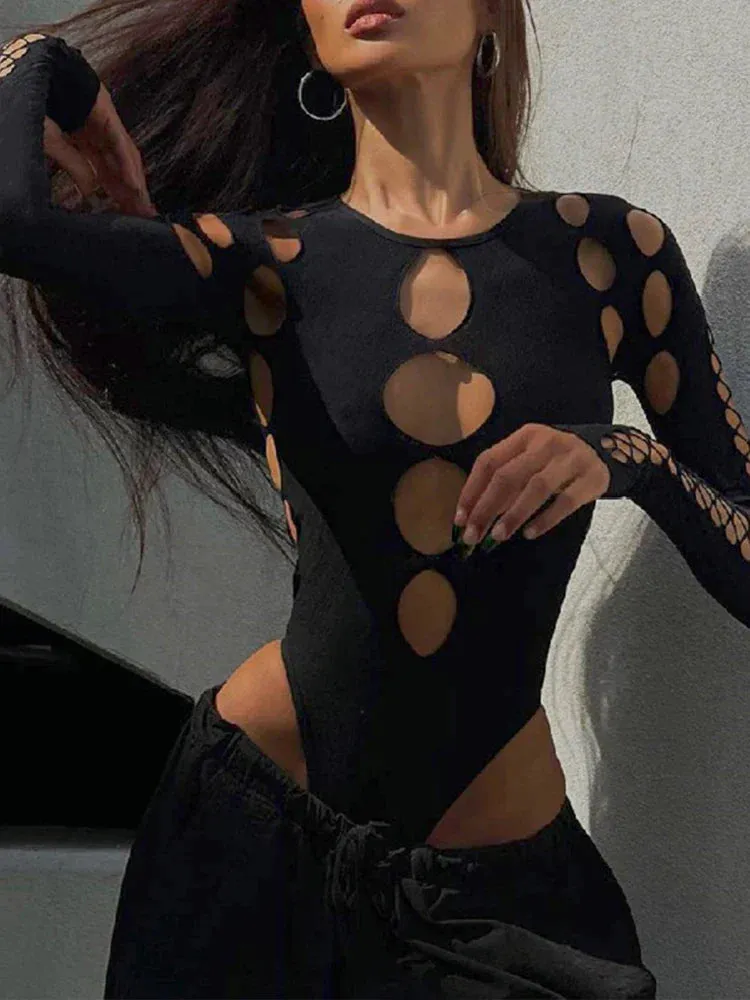 Women Hollow Out Black Bodysuits