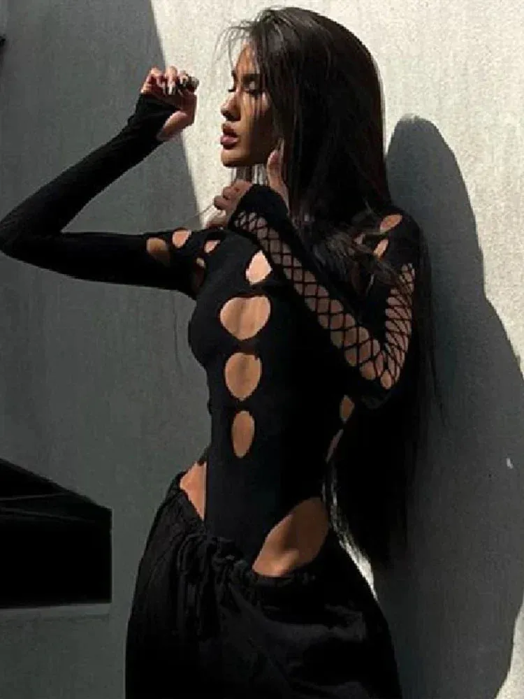 Women Hollow Out Black Bodysuits