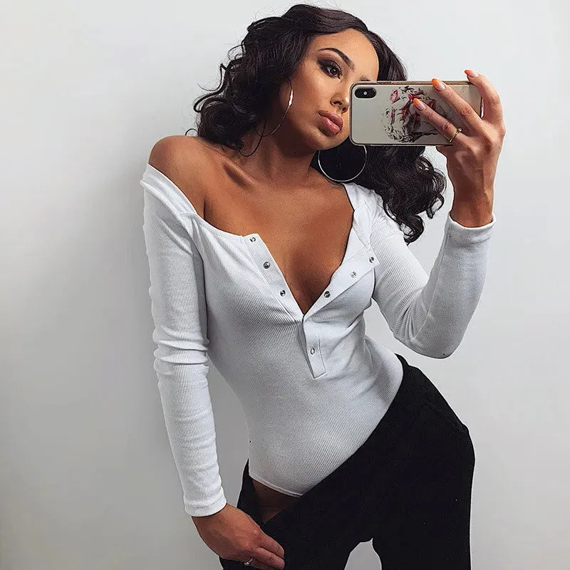 Women Ribbed Knitted Buttons Bodysuits Long Sleeve Bodysuit