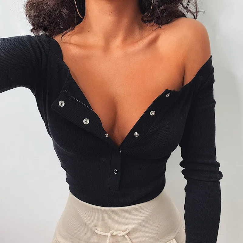 Women Ribbed Knitted Buttons Bodysuits Long Sleeve Bodysuit