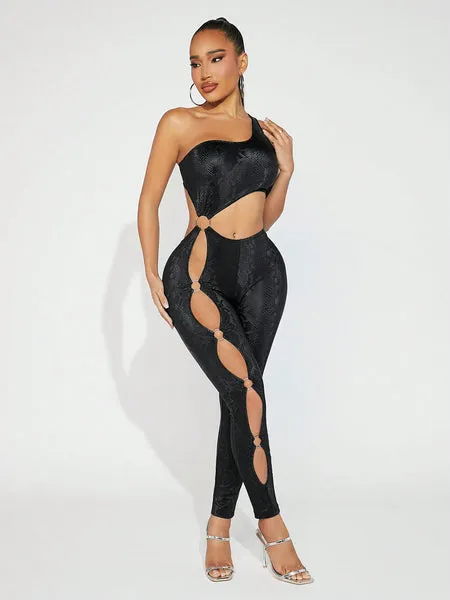 Women Snake Print Hollow Out  Jumpsuit Unitard Concert Outfits Black Summer Outfits