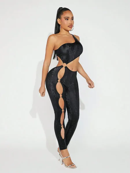 Women Snake Print Hollow Out  Jumpsuit Unitard Concert Outfits Black Summer Outfits