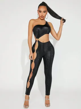 Women Snake Print Hollow Out  Jumpsuit Unitard Concert Outfits Black Summer Outfits