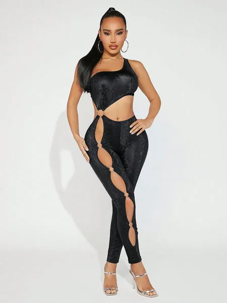 Women Snake Print Hollow Out  Jumpsuit Unitard Concert Outfits Black Summer Outfits