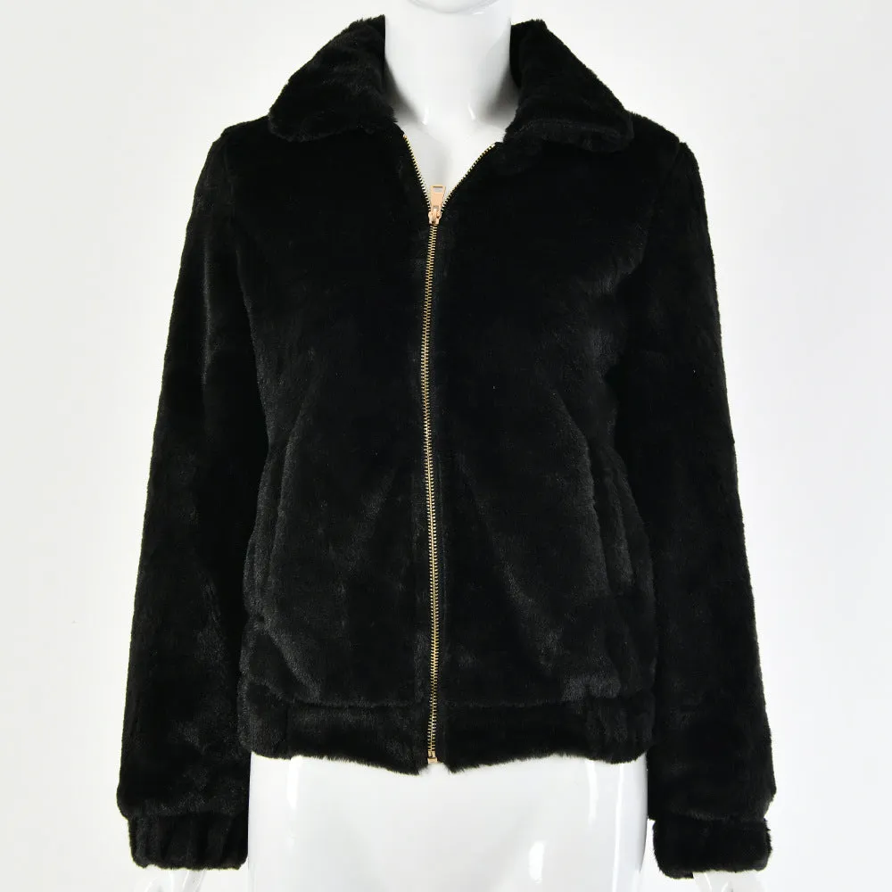 Women's Autumn Casual Zipper Turn-Down Collar Fluffy Coat