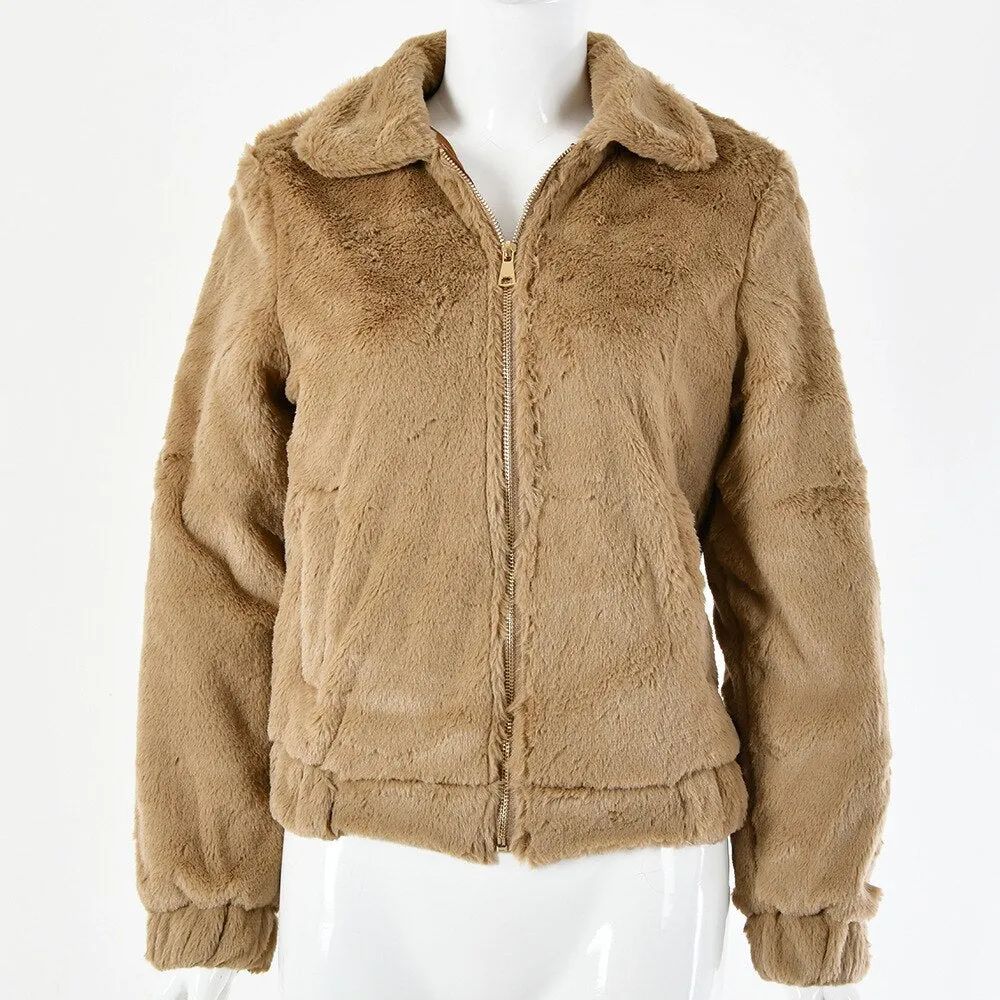 Women's Autumn Casual Zipper Turn-Down Collar Fluffy Coat