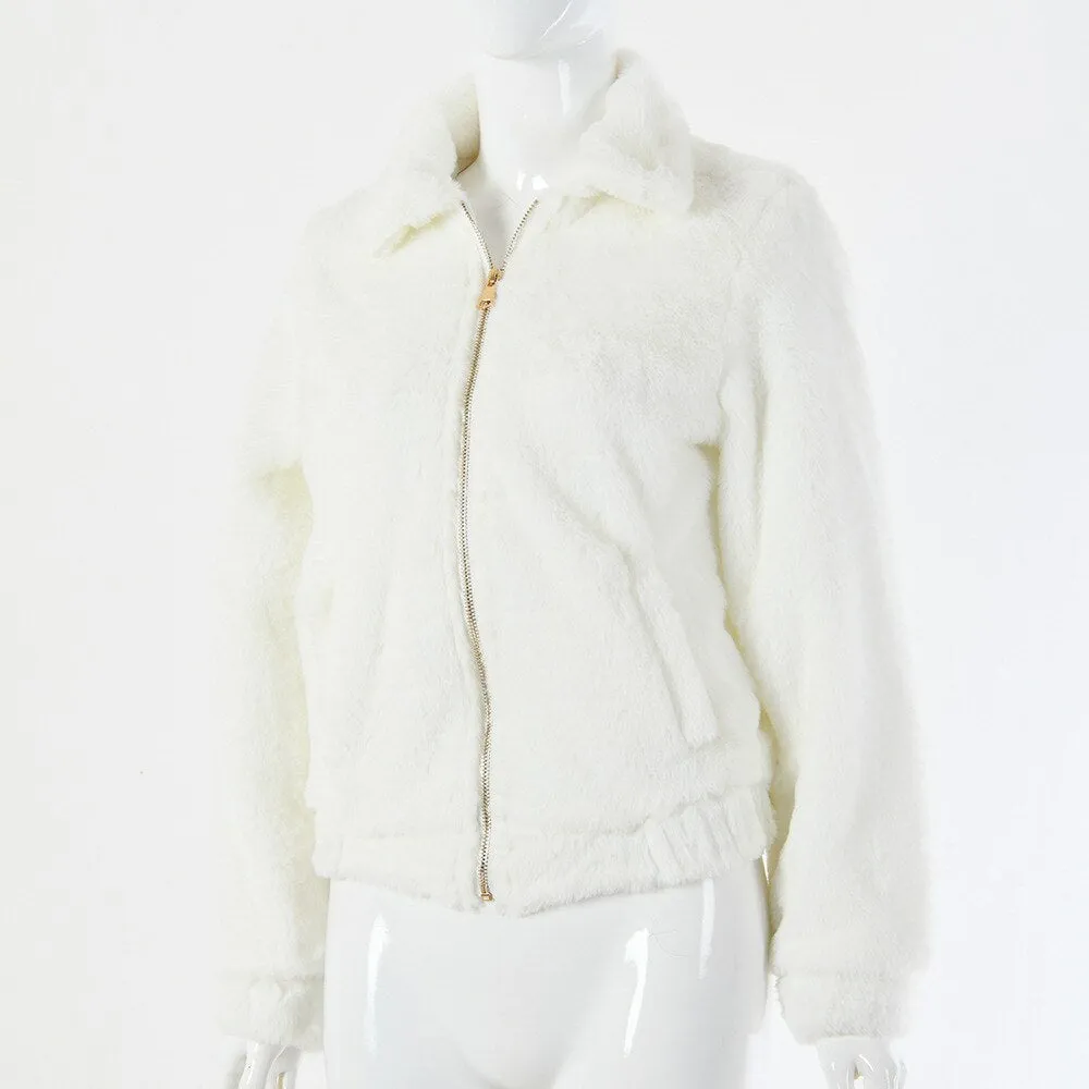 Women's Autumn Casual Zipper Turn-Down Collar Fluffy Coat