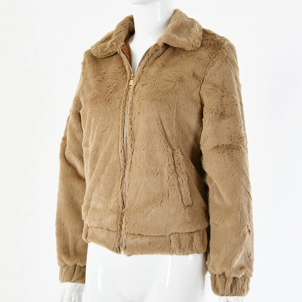 Women's Autumn Casual Zipper Turn-Down Collar Fluffy Coat