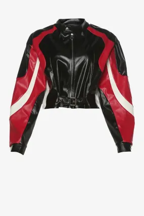 Women's Black Cropped Racing Leather Jacket