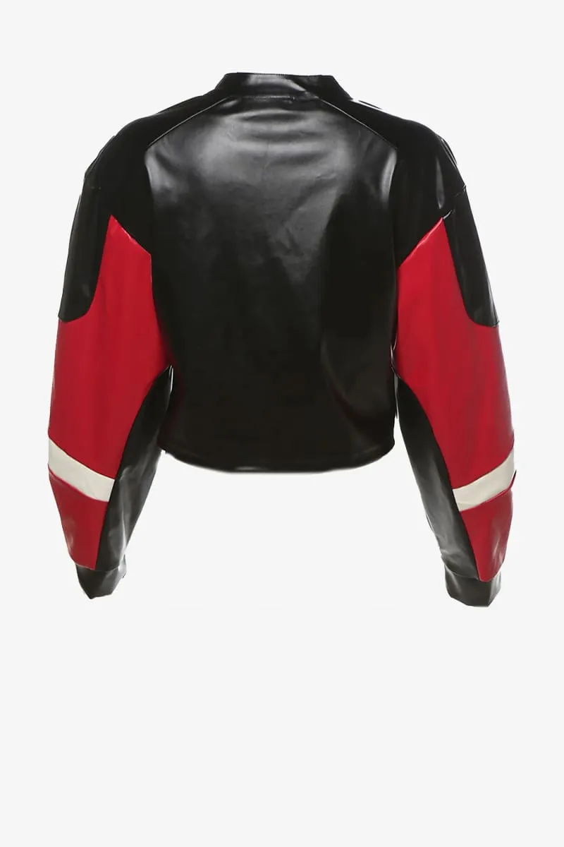 Women's Black Cropped Racing Leather Jacket