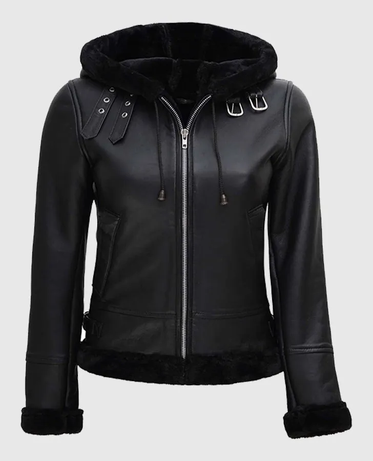 Women's Black Shearling Bomber Leather Jacket with Hood