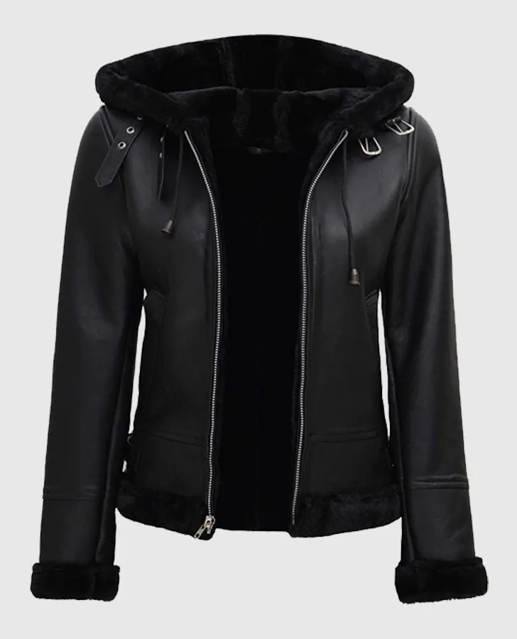 Women's Black Shearling Bomber Leather Jacket with Hood