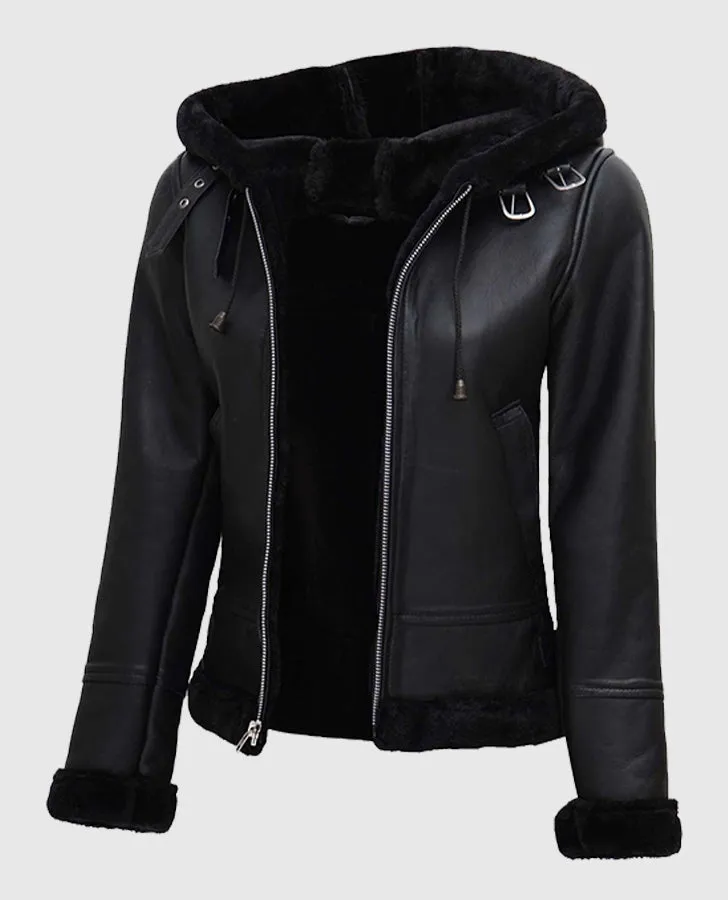 Women's Black Shearling Bomber Leather Jacket with Hood