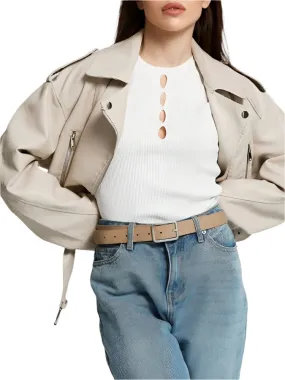 Women's Cropped Faux Leather Belted Moto Jacket