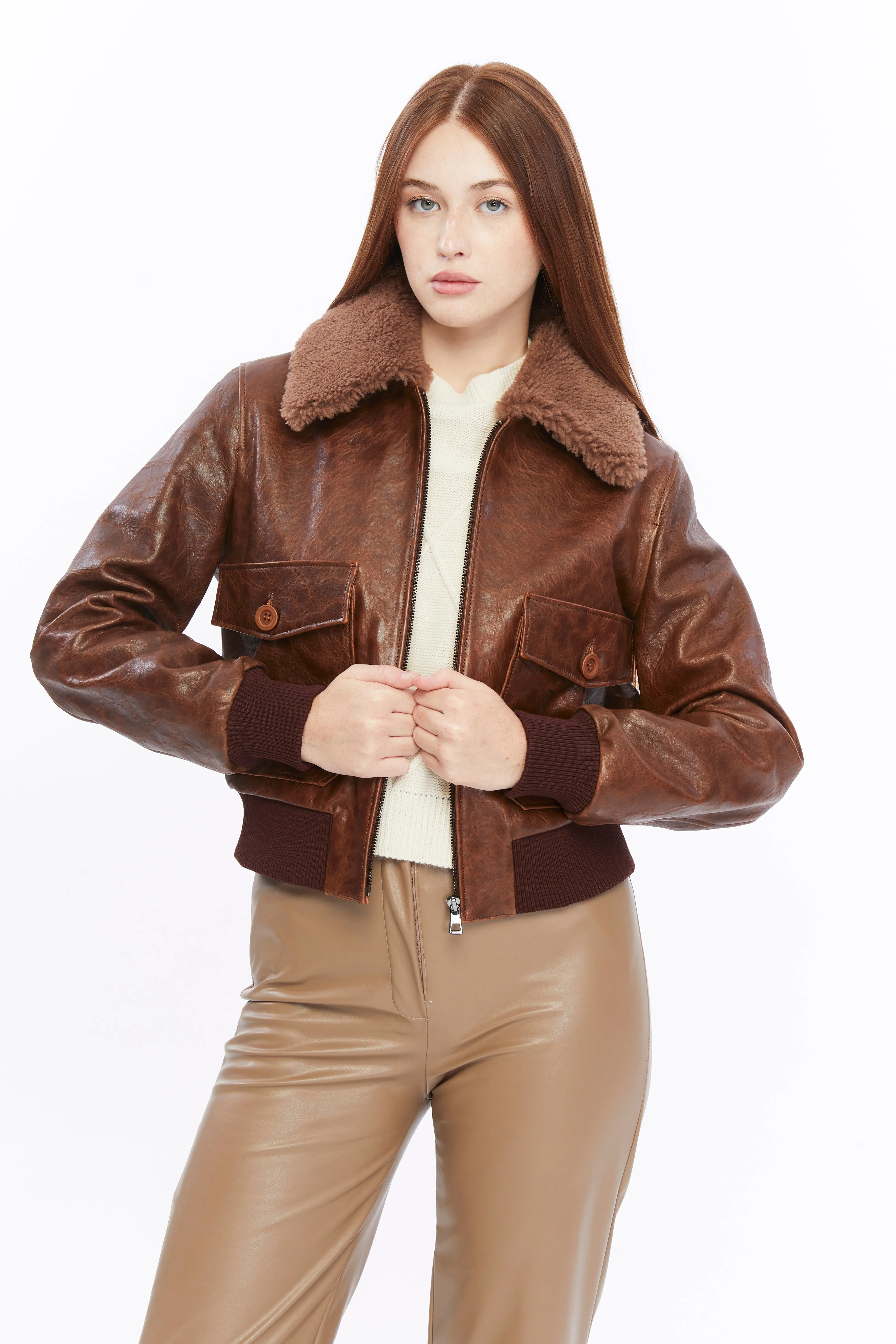 Women's Leather Bomber Jacket, Rich Brown