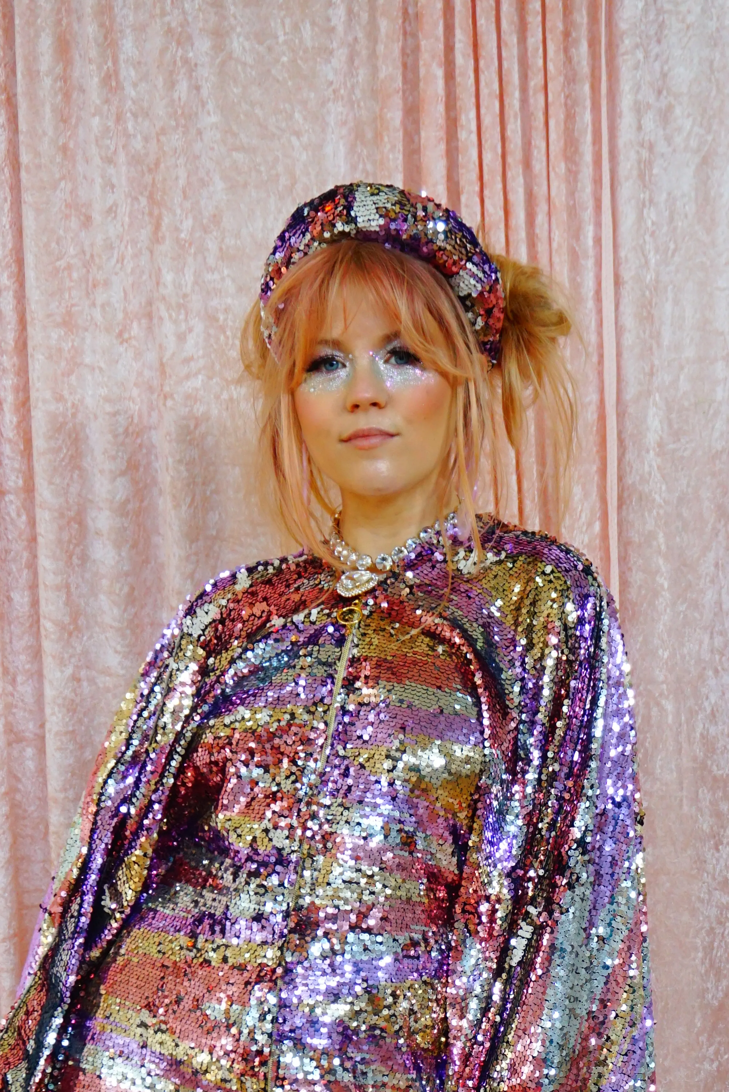 Ziggys Crush - Blush Pink, Silver, Gold, and White flip Print Kaftan Jumpsuit