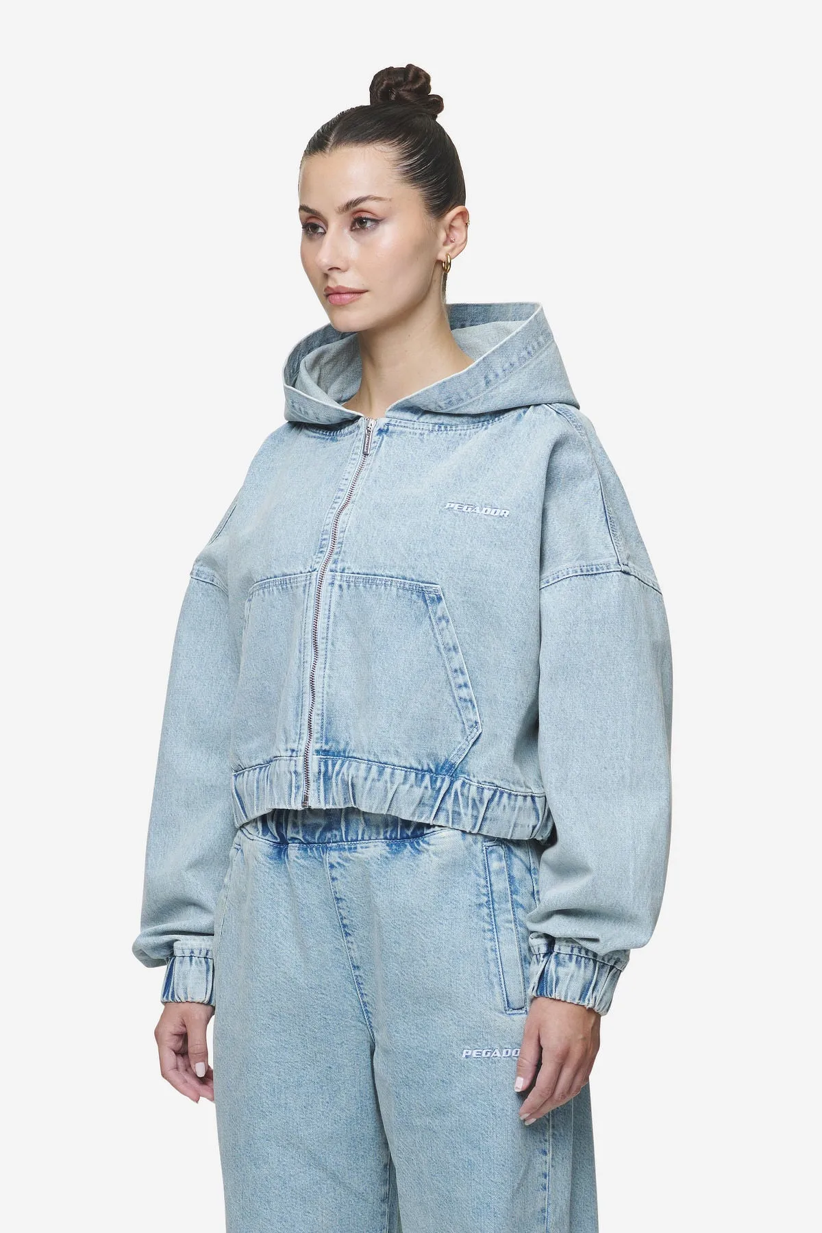 Zona Cropped Denim Zip Jacket Washed Pale Blue