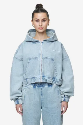 Zona Cropped Denim Zip Jacket Washed Pale Blue